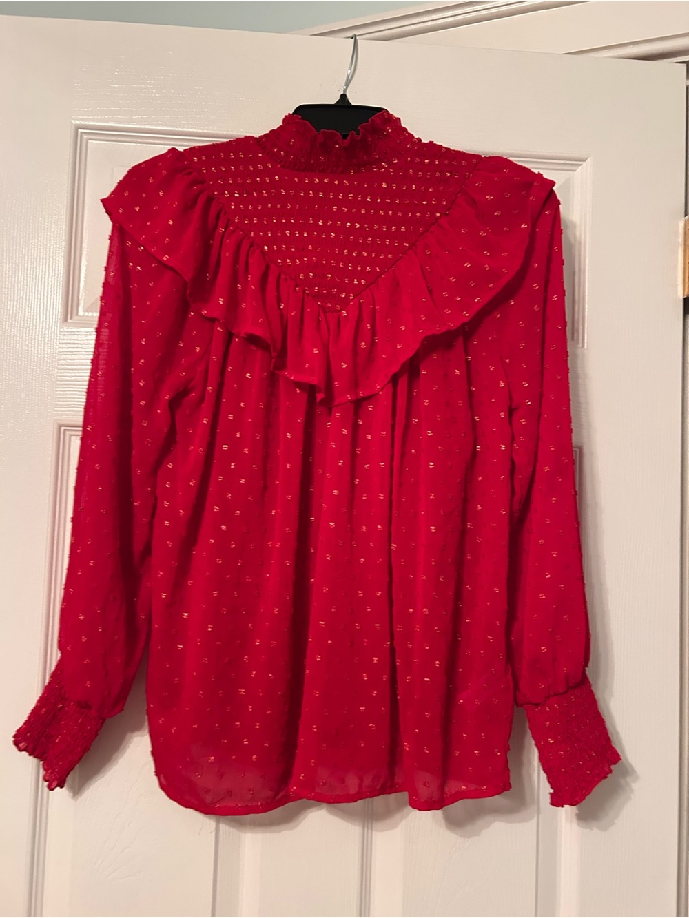 Cupio Red Ruffle Yoke Long Sleeve Sheer Blouse